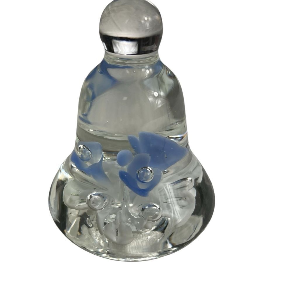 Vintage Joe Rice Bell Shaped Paperweight Blue White Flowers Art Glass